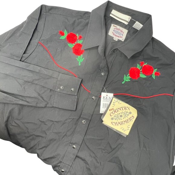 Ely Country Charmers Western Shirt XXL Women's Black Floral Roses Long Sleeve - Picture 1 of 5